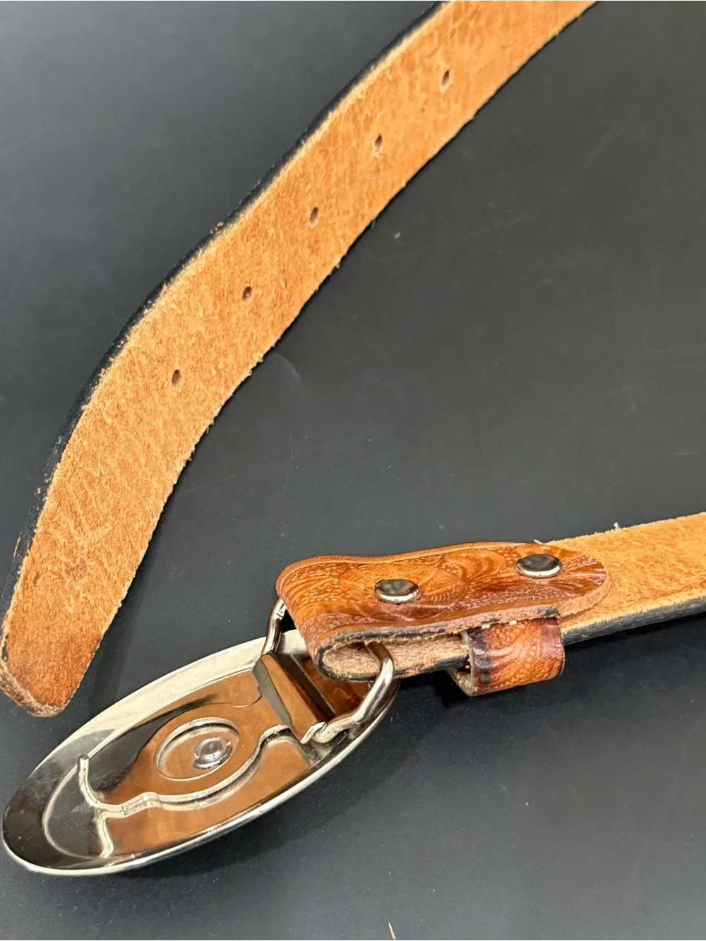 STEERHIDE Grain Bridle Brown Tooled Leather Silver Faux Turquoise Buckle Belt 36